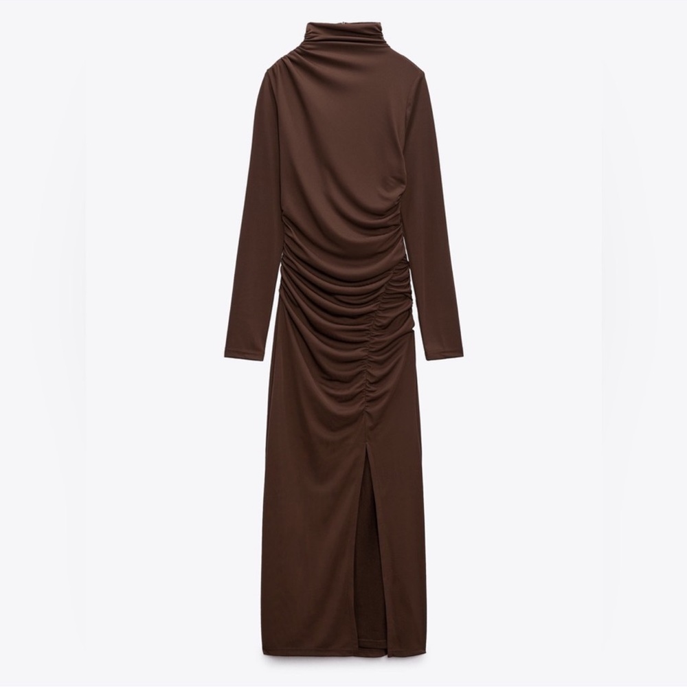 Zara Chocolate Gathered Long Sleeve Midi Dress Size XS
